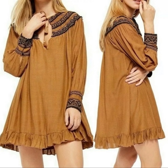 Free People Dresses & Skirts - NWT Free People Erin Embroidered Long Sleeve Keyhole Mini Dress in Neutral Combo